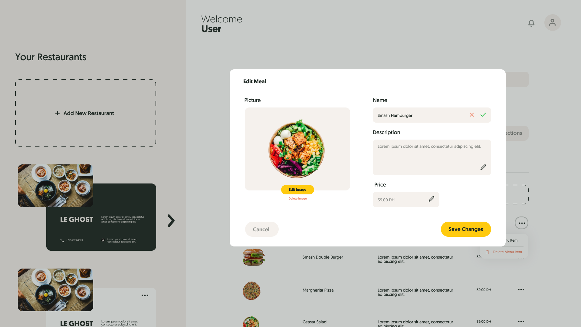 Editing a meal in the Pinch dashboard